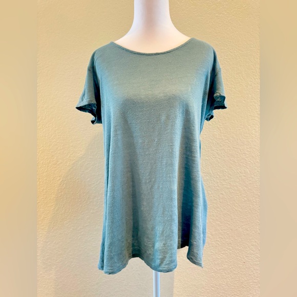 H by HALSTON Linen Short Sleeve Tee w/ Split Back Hem - Size M - Teal - Picture 1 of 10